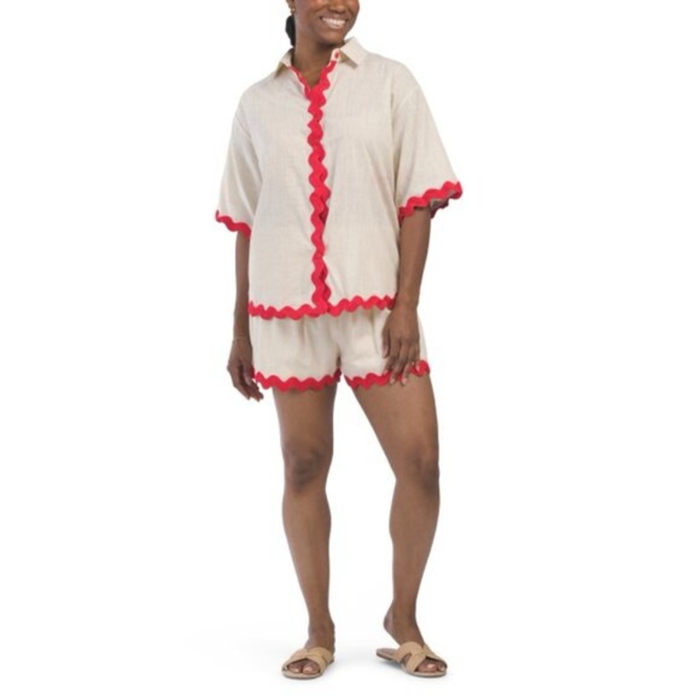 BY FRANKIE BEIGE/RED Cotton Ric Rac Trim Shorts Set size L